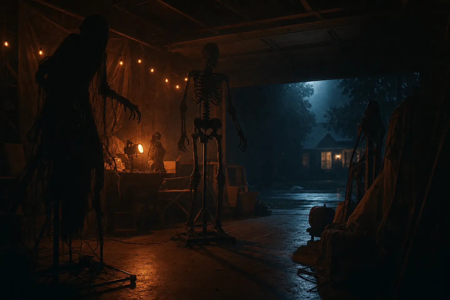 A dim garage home-haunt workshop at night with silhouetted animatronic props lit by a single warm orange work light